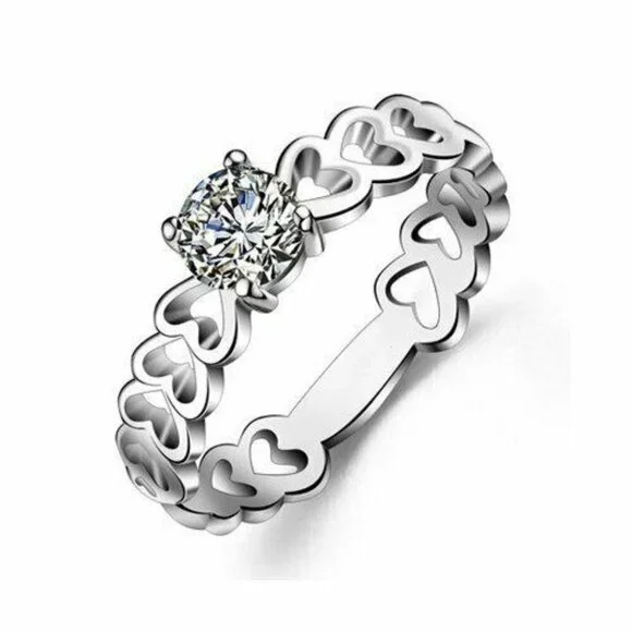 💍Lovely Anillos Hollow Heart Round Cut Moissanite Eternity Ring for Women, K770